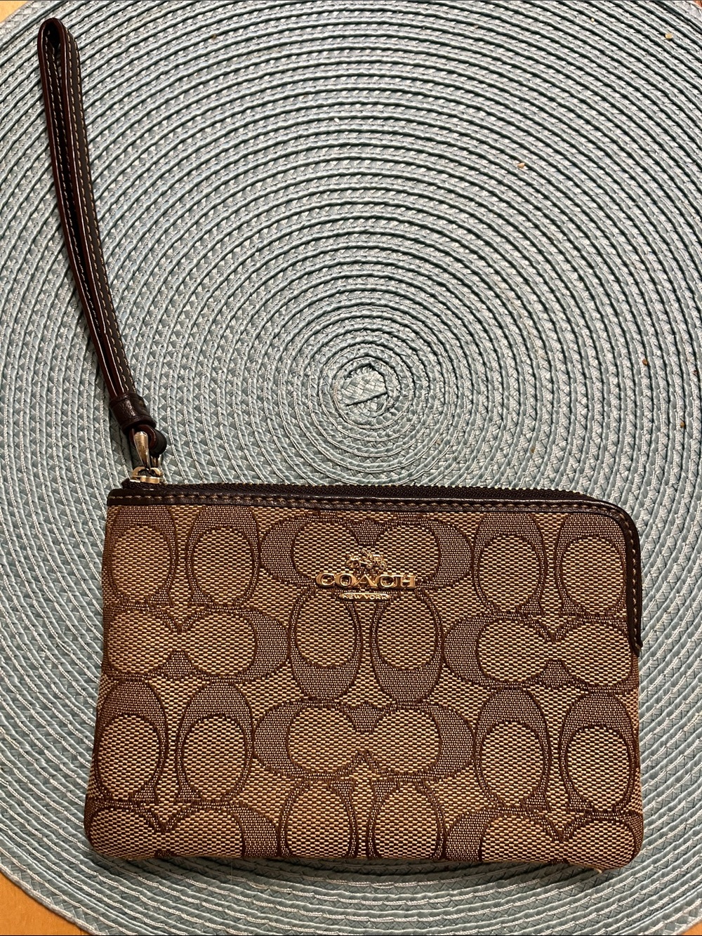 Coach Brown Signature Canvas Wristlet with Gold Logo